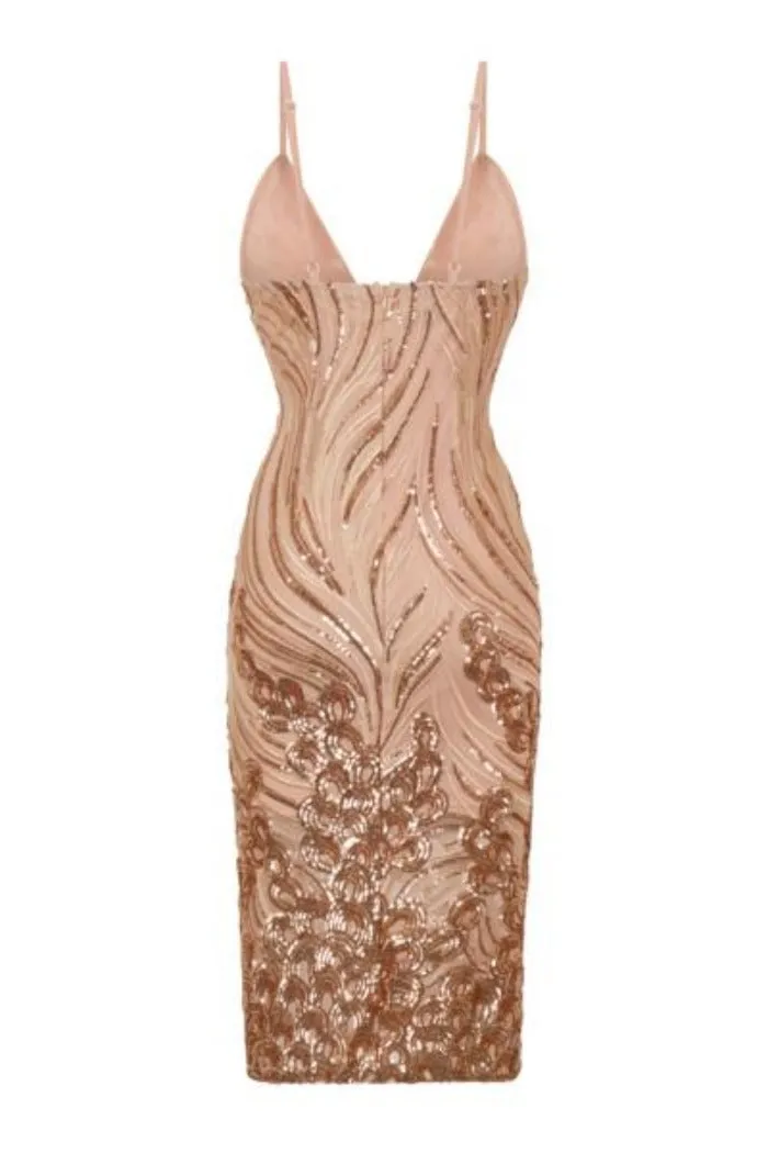 Monaco Luxe Rose Gold Nude Plunge Sequin Sheer Midi Pencil Dress