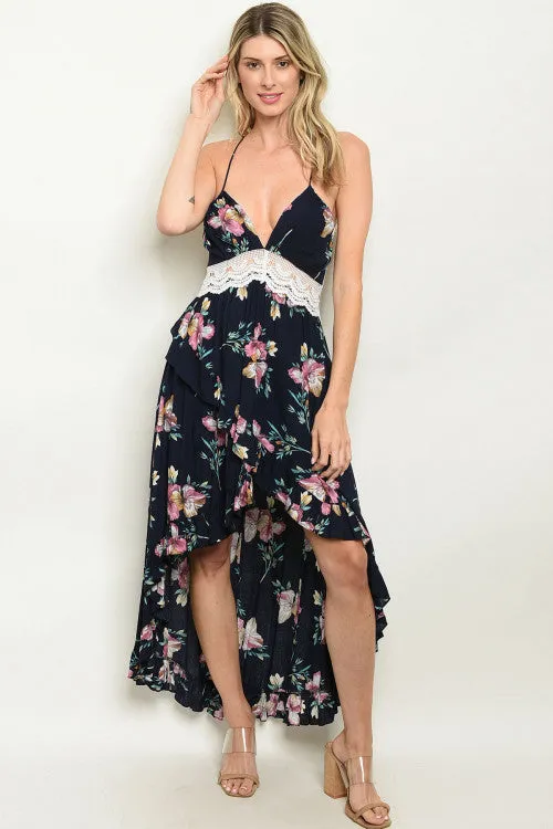 Navy Blue Floral High Low Maxi Dress