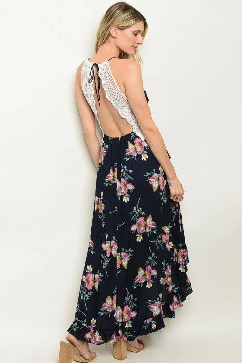 Navy Blue Floral High Low Maxi Dress