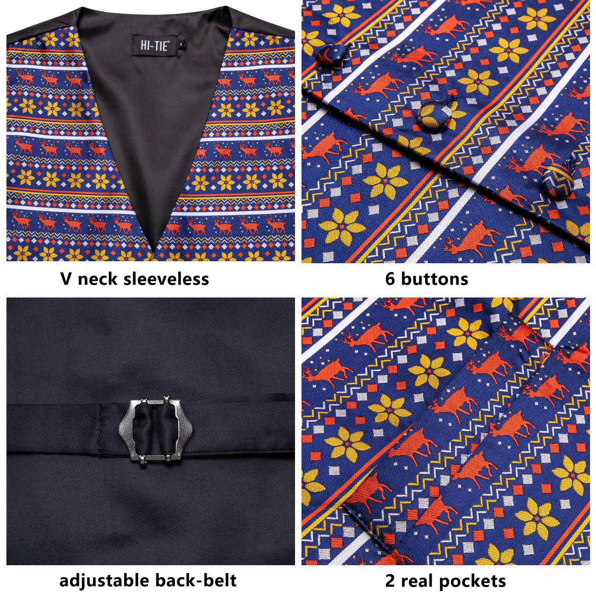 Navy Blue Red Christmas Deer Novelty Jacquard Silk Men's Vest Hanky Cufflinks Tie Set