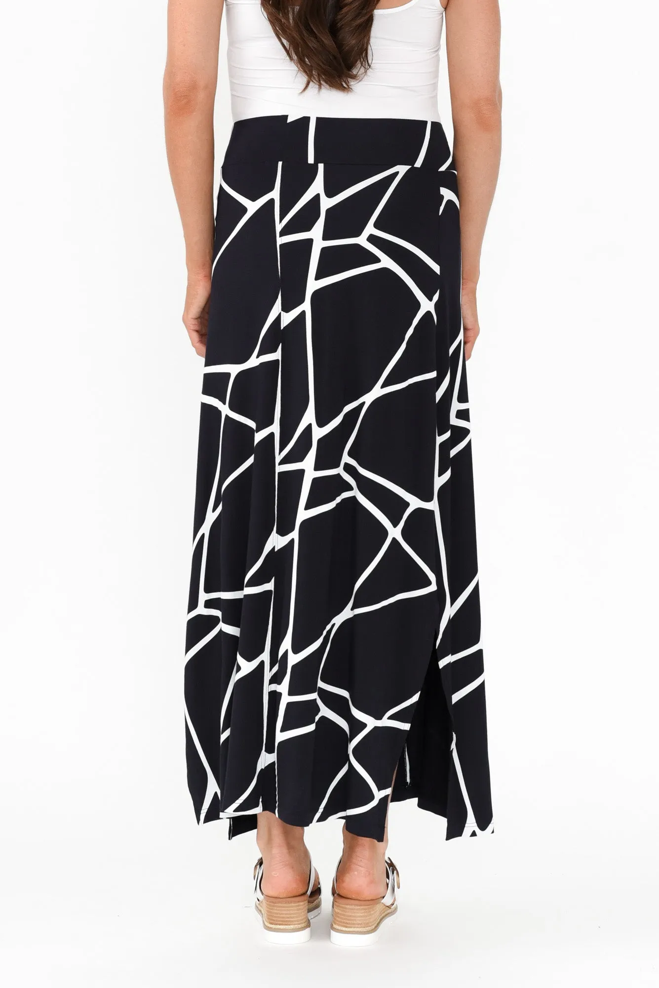 Navy Marble Micro Modal Long Panel Skirt