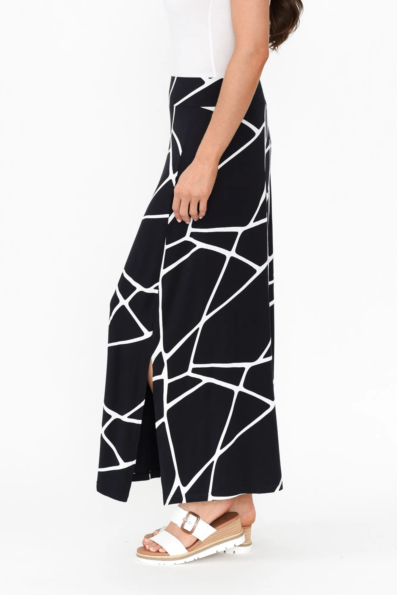 Navy Marble Micro Modal Long Panel Skirt