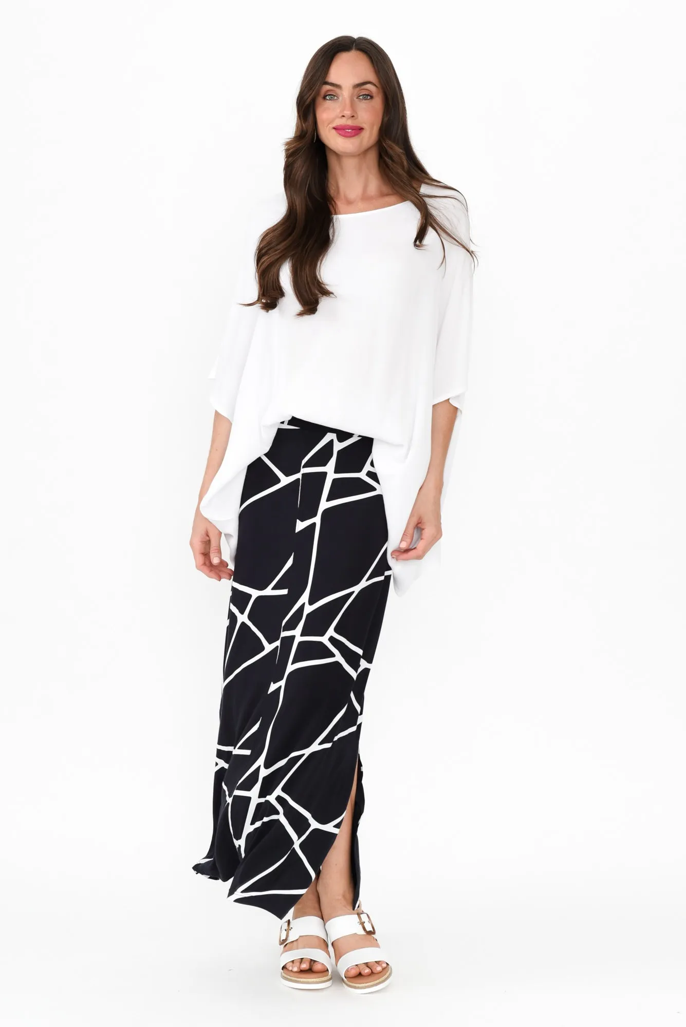 Navy Marble Micro Modal Long Panel Skirt