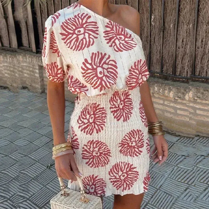 Neck Bodycon Short Chic Short Sleeve Printed Bohemian Elegant Waist Folds Floral Slash Dress