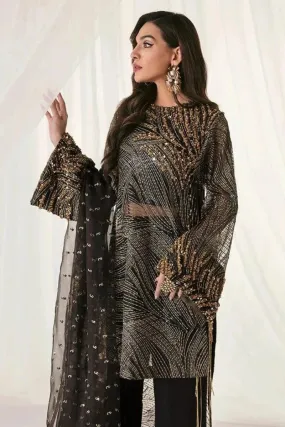 Nilofer Shahid - Pure Net Embroidered Shirt & Charmeuse Silk Pants with Premium Organza Dupatta - Starry Night - 3 Piece