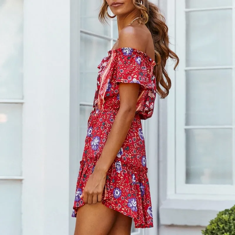 Off Shoulder Floral Print Casual Ruffled A-line Retro Boho Dress