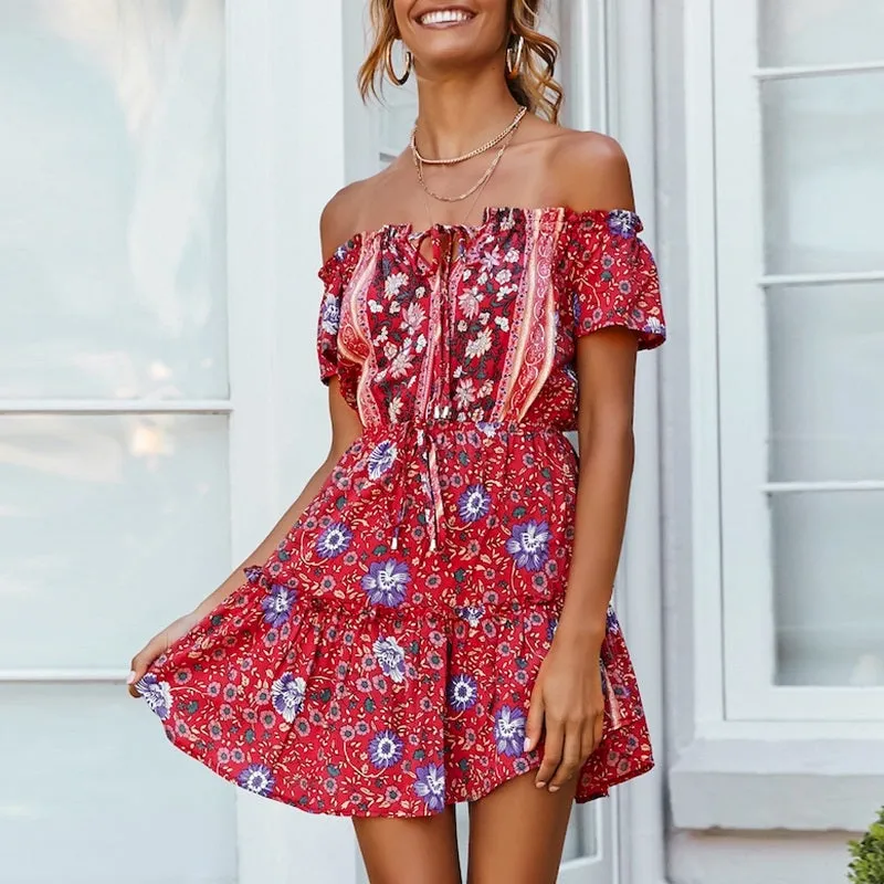 Off Shoulder Floral Print Casual Ruffled A-line Retro Boho Dress