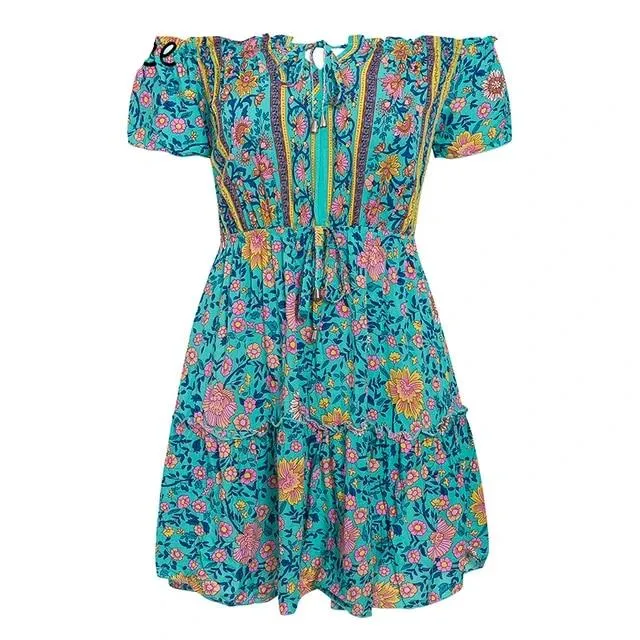 Off Shoulder Floral Print Casual Ruffled A-line Retro Boho Dress