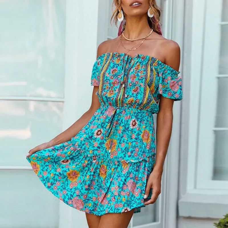 Off Shoulder Floral Print Casual Ruffled A-line Retro Boho Dress