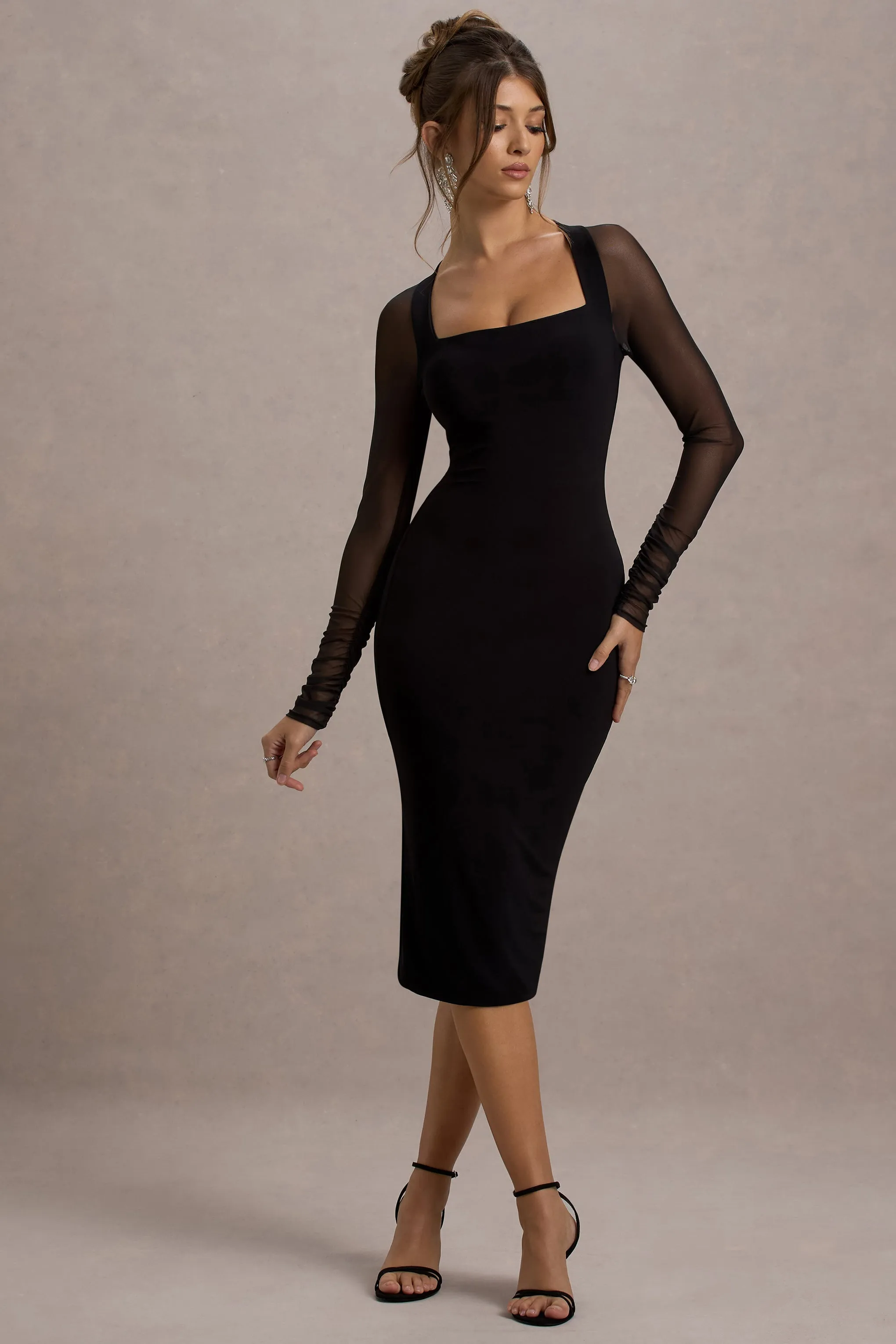 Off Track | Black Bodycon Midi Dress With Sheer Sleeves