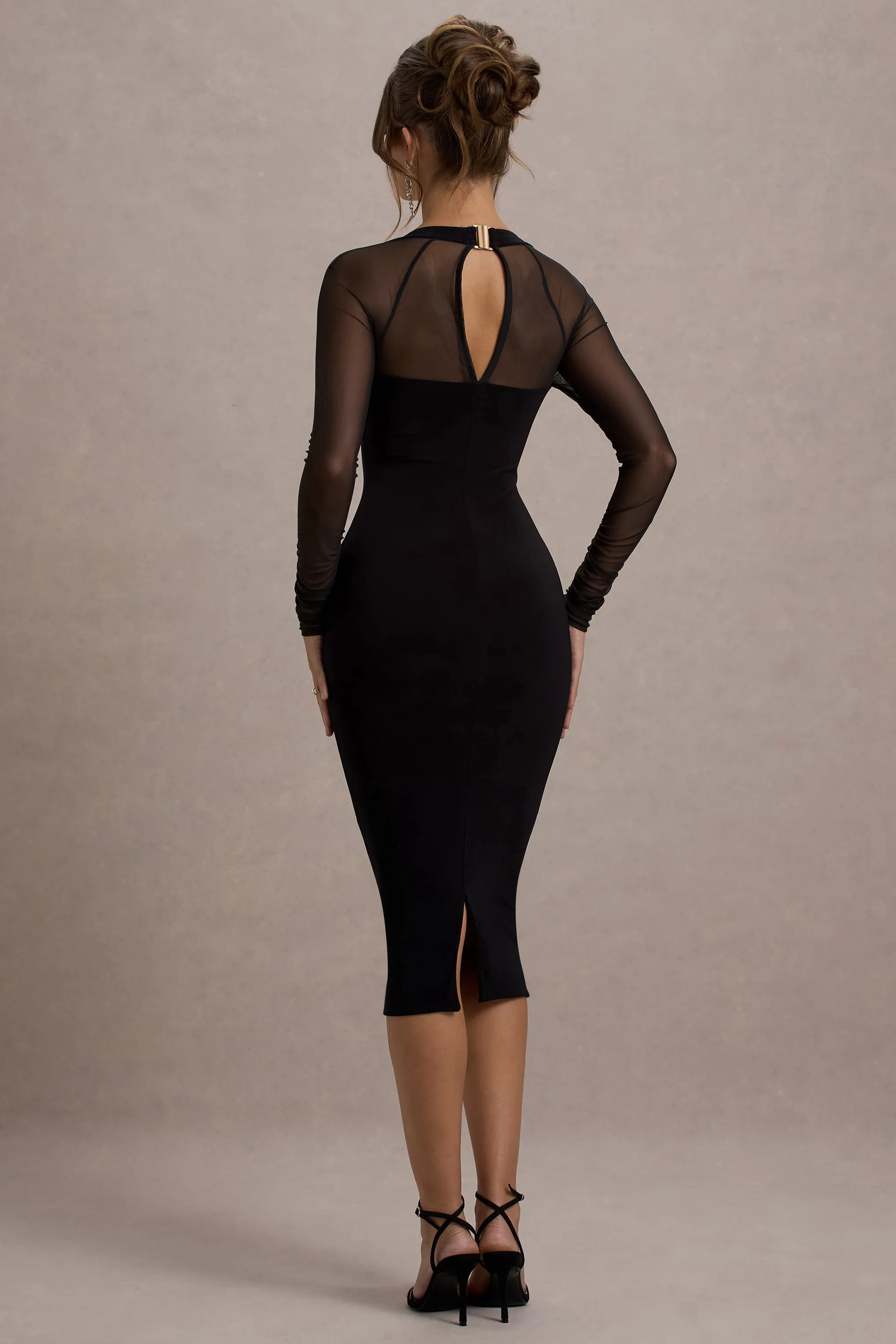 Off Track | Black Bodycon Midi Dress With Sheer Sleeves