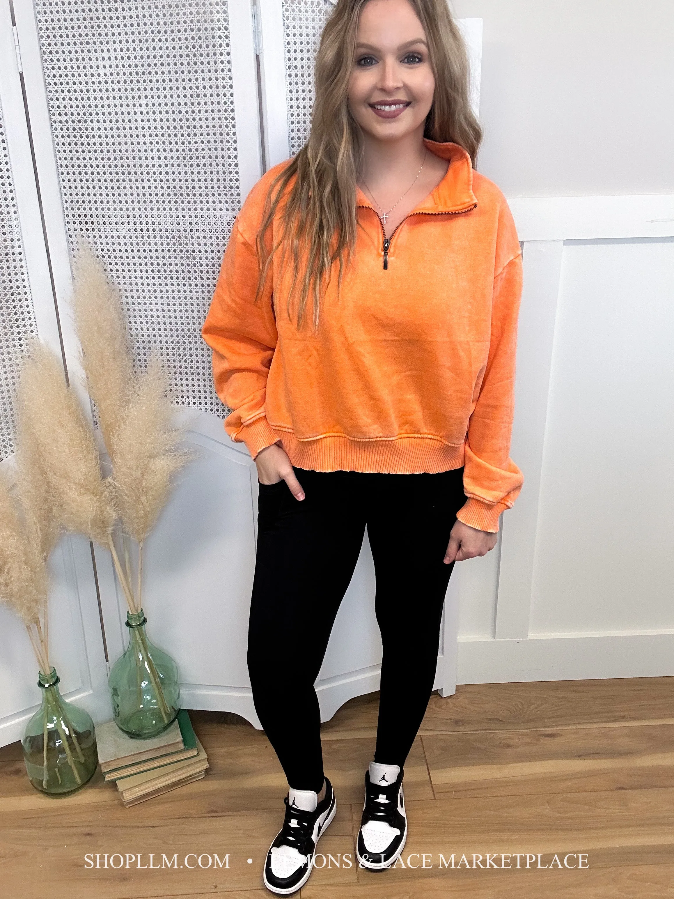 Orange Acid Wash Fleece Pullover