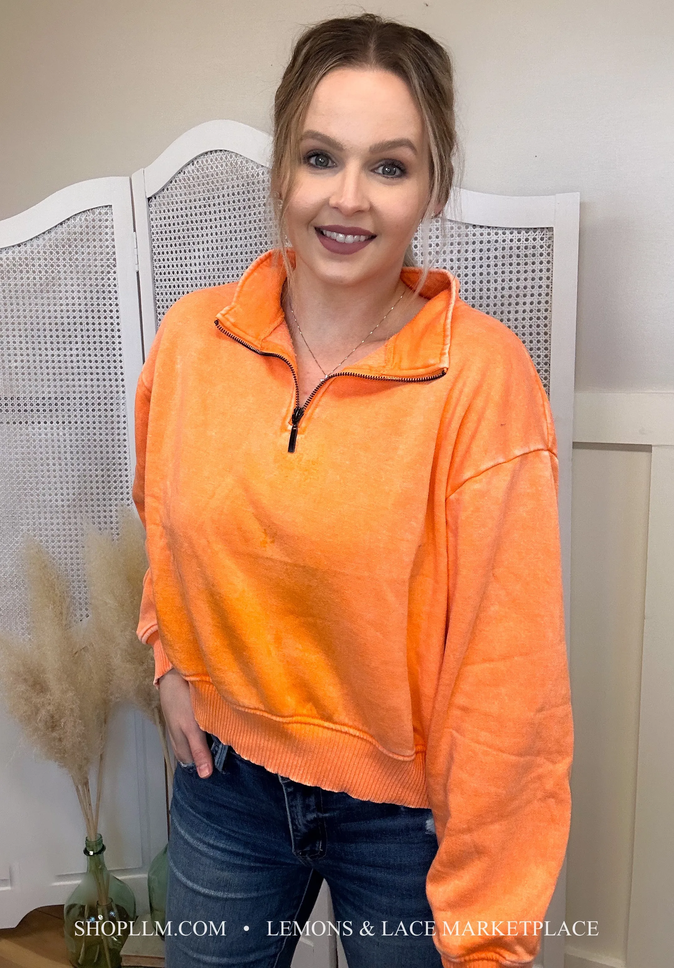 Orange Acid Wash Fleece Pullover