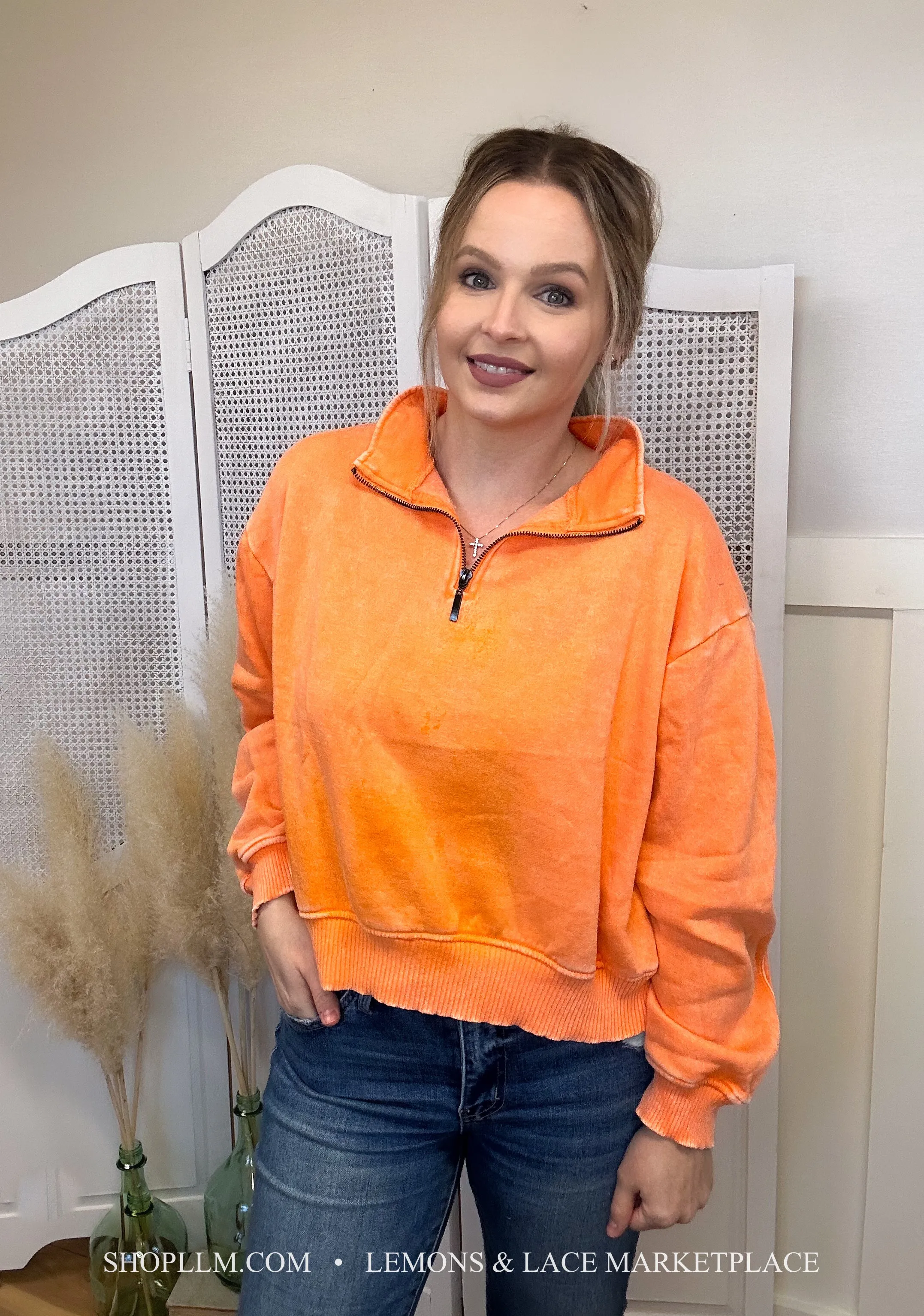 Orange Acid Wash Fleece Pullover