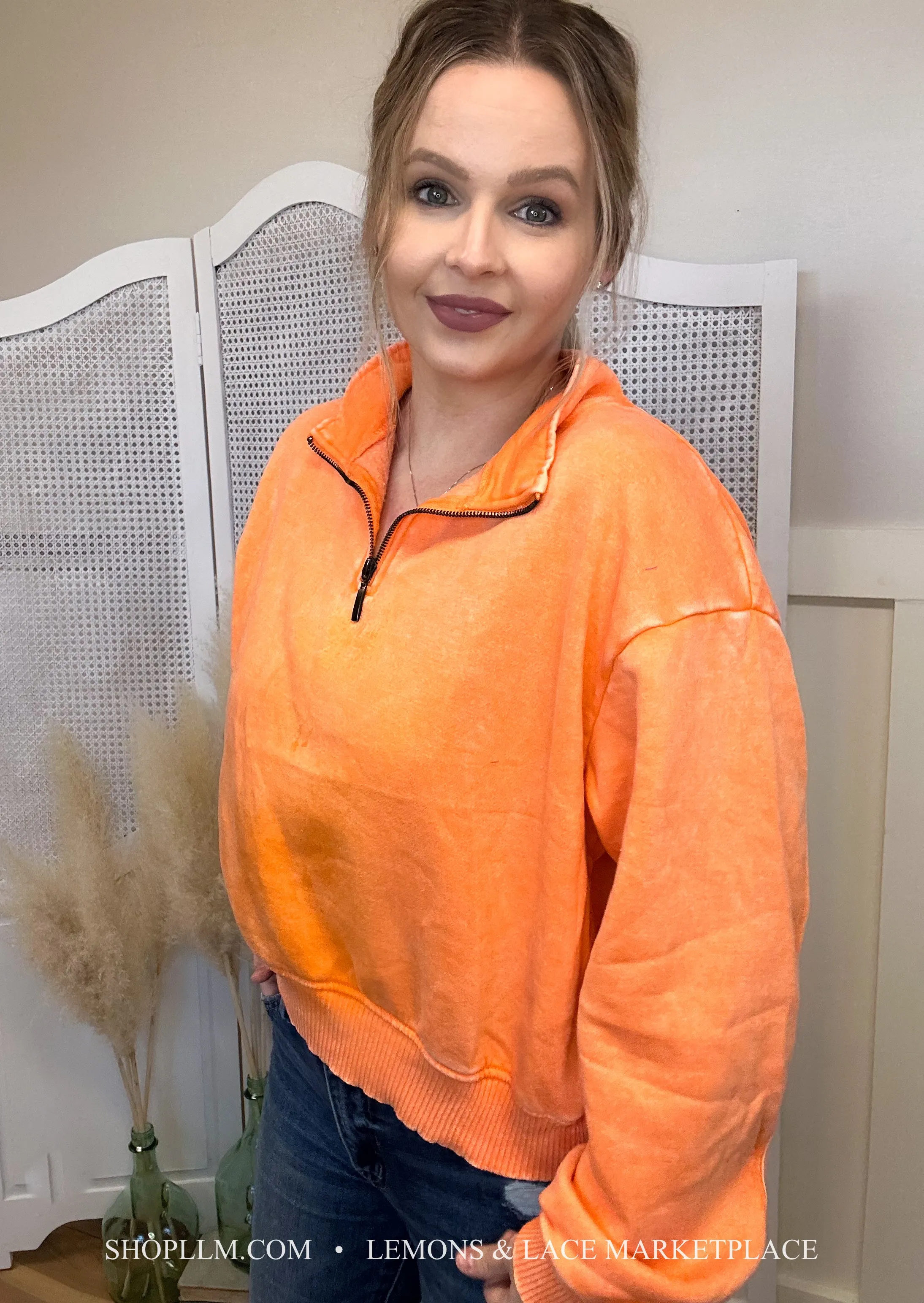 Orange Acid Wash Fleece Pullover