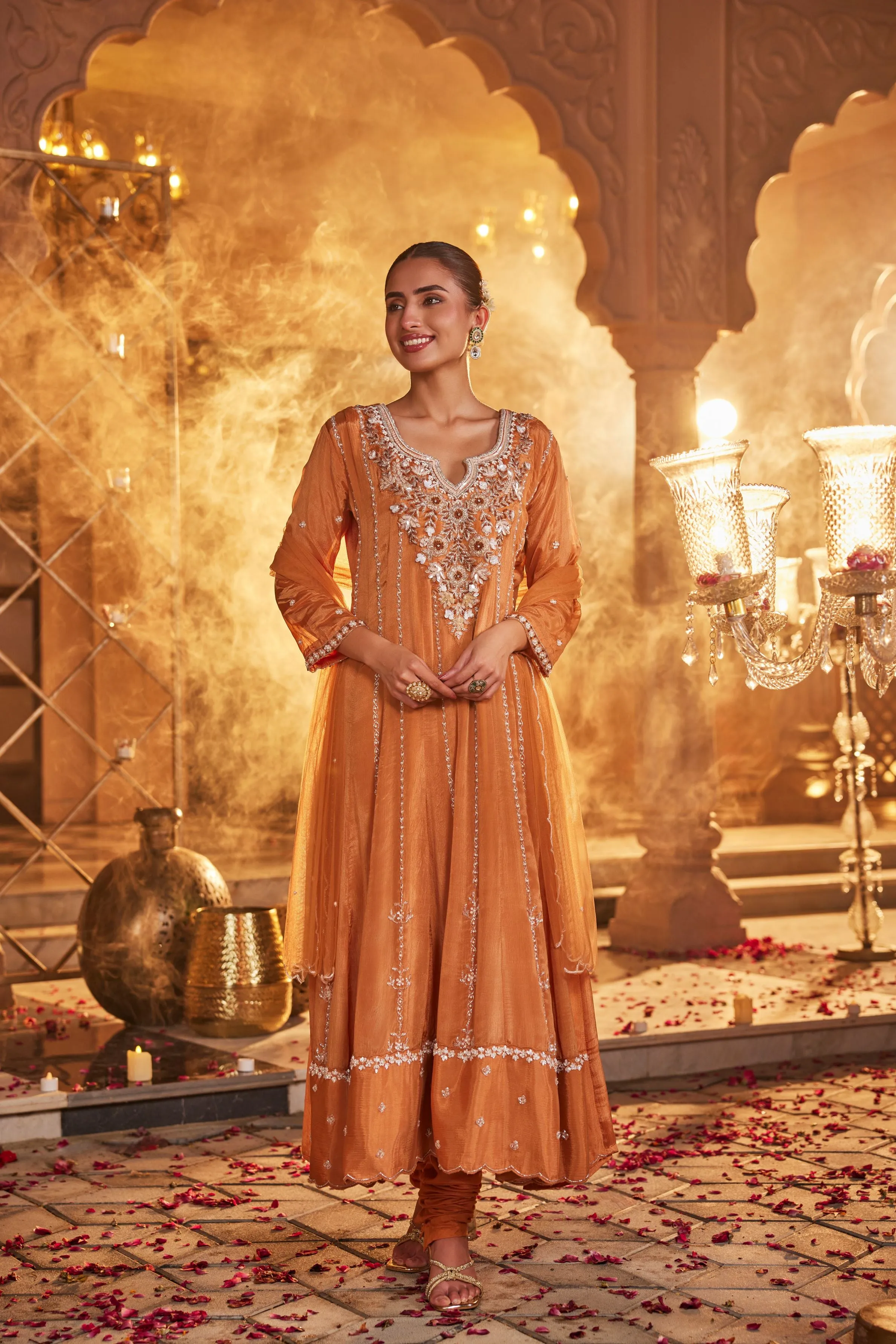 Orange Embellished Chinon Silk Anarkali Set