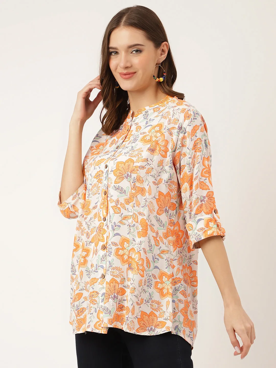 Orange Floral Print Rayon Regular Top