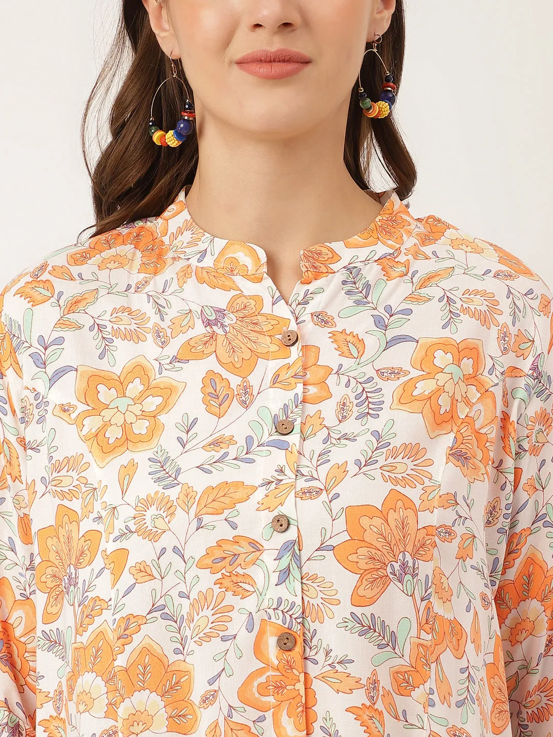 Orange Floral Print Rayon Regular Top