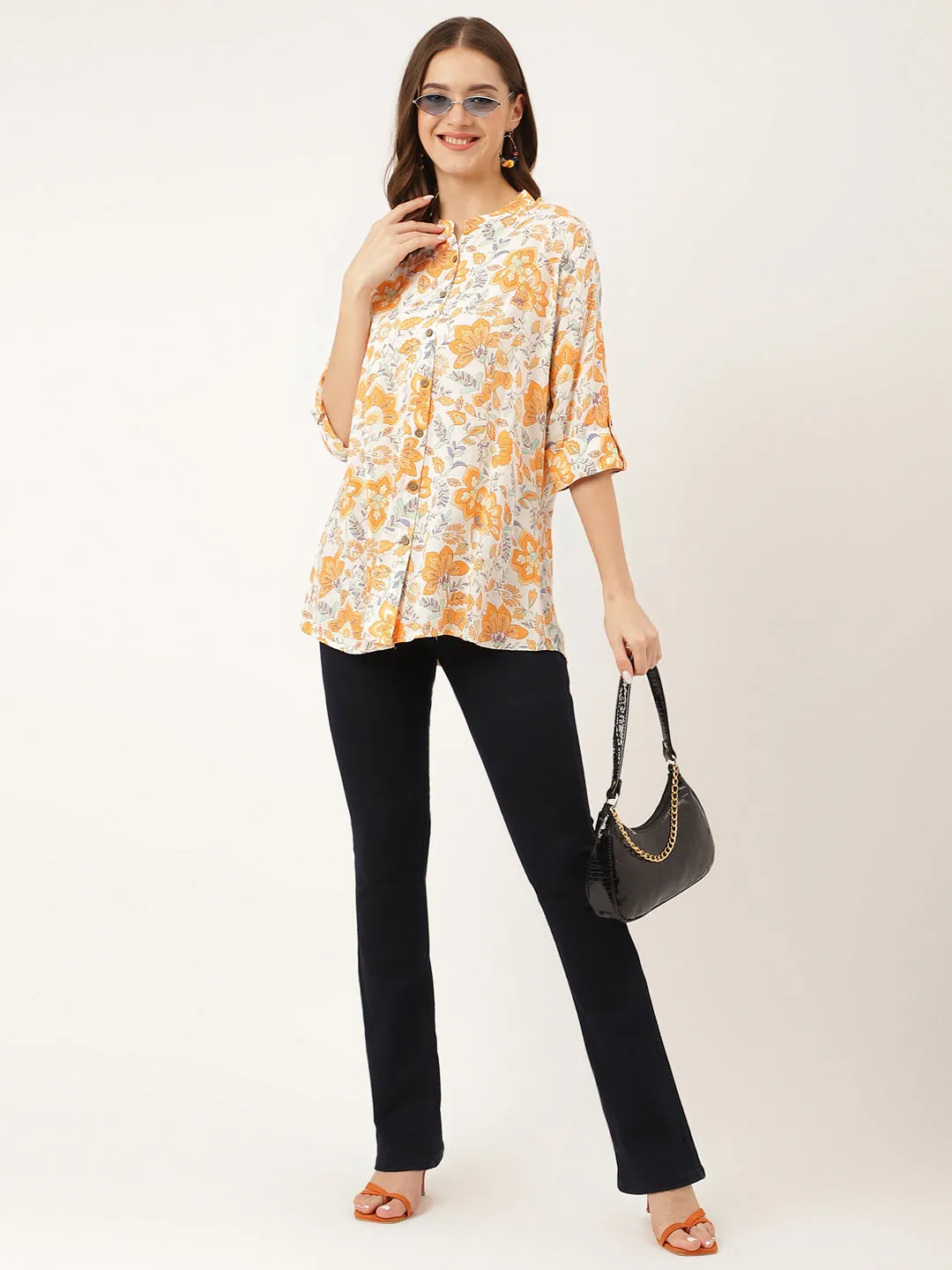 Orange Floral Print Rayon Regular Top