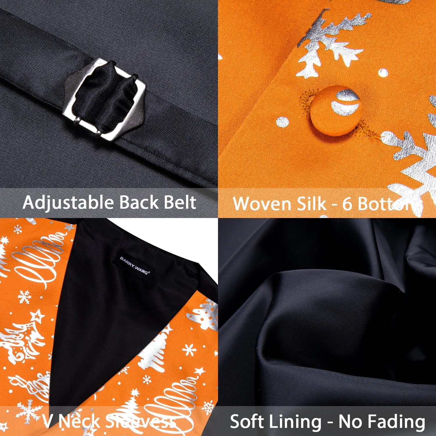 Orange Sliver Christmas Tree Novelty Silk Men's Vest Bow Tie Set Waistcoat Suit Set