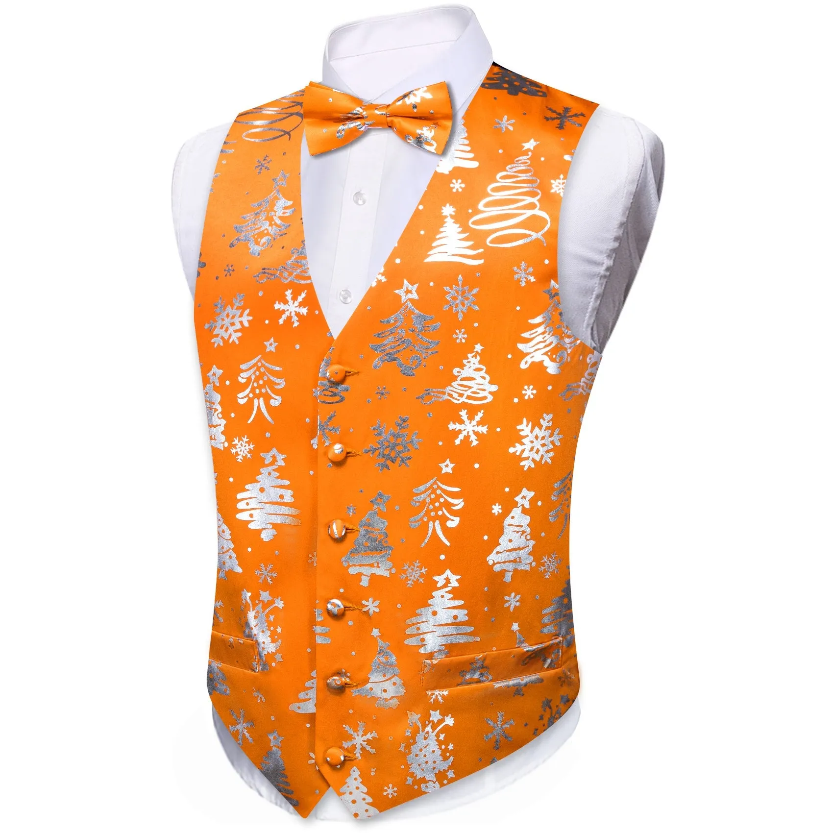 Orange Sliver Christmas Tree Novelty Silk Men's Vest Bow Tie Set Waistcoat Suit Set