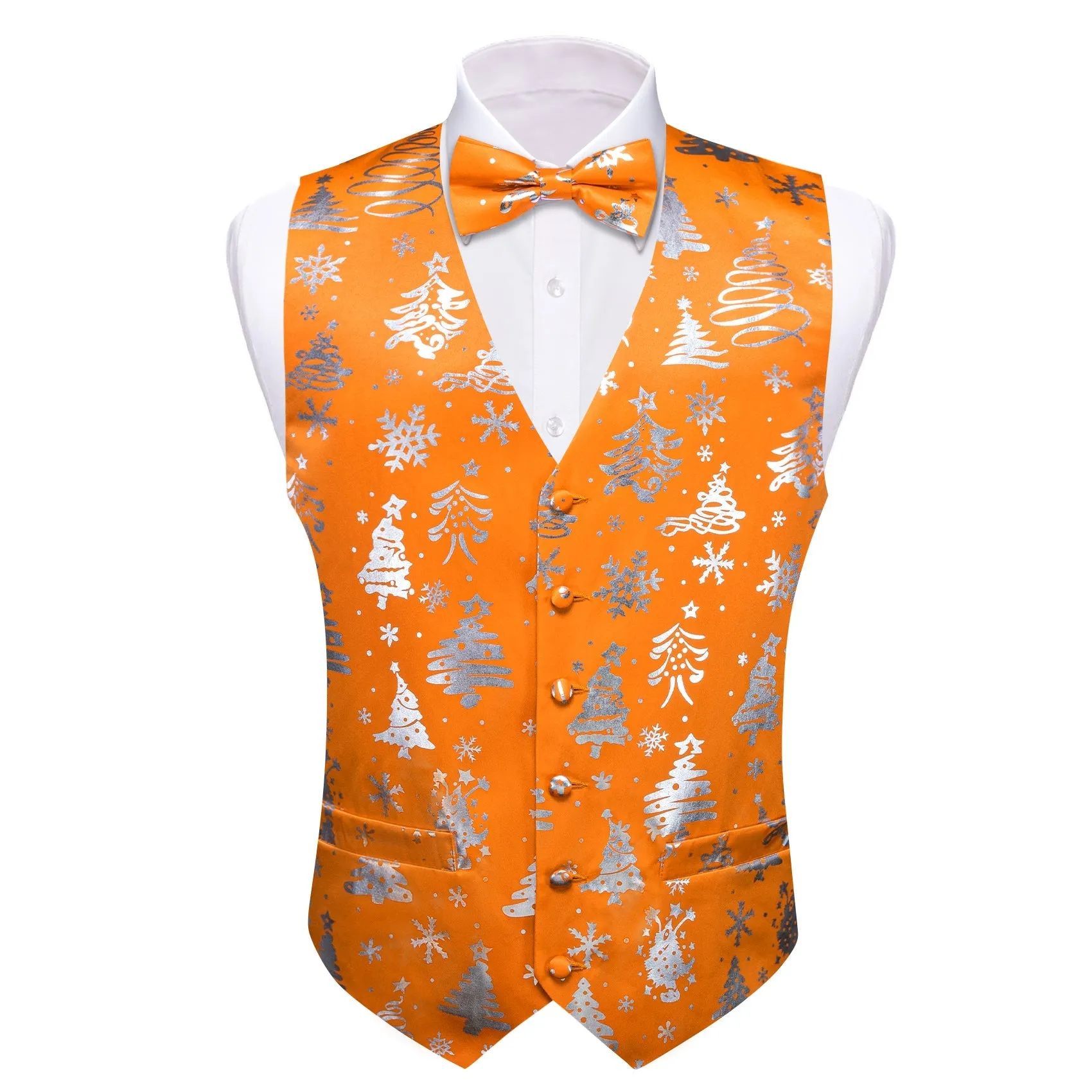 Orange Sliver Christmas Tree Novelty Silk Men's Vest Bow Tie Set Waistcoat Suit Set