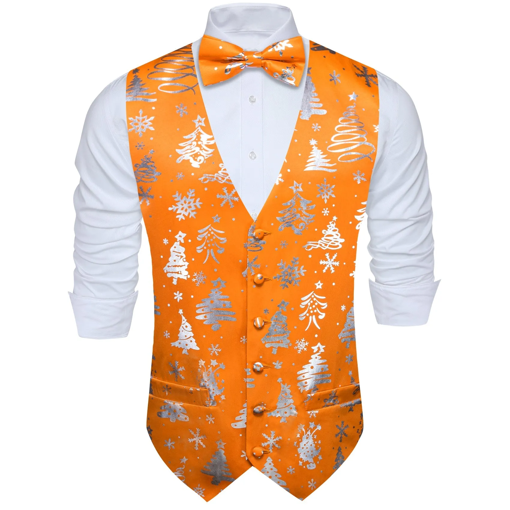 Orange Sliver Christmas Tree Novelty Silk Men's Vest Bow Tie Set Waistcoat Suit Set