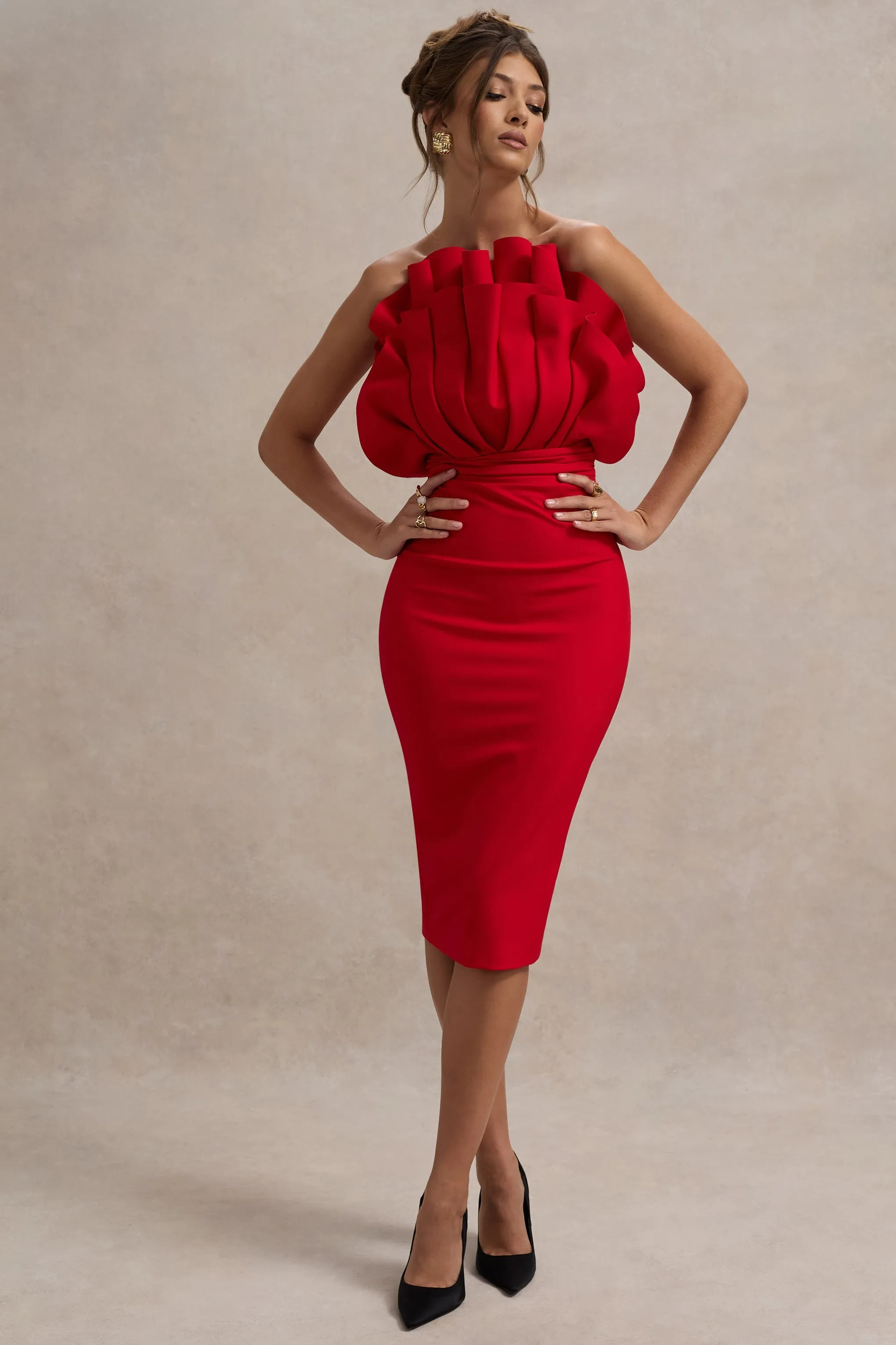 Oria | Red Ruffled Strapless Midi Dress