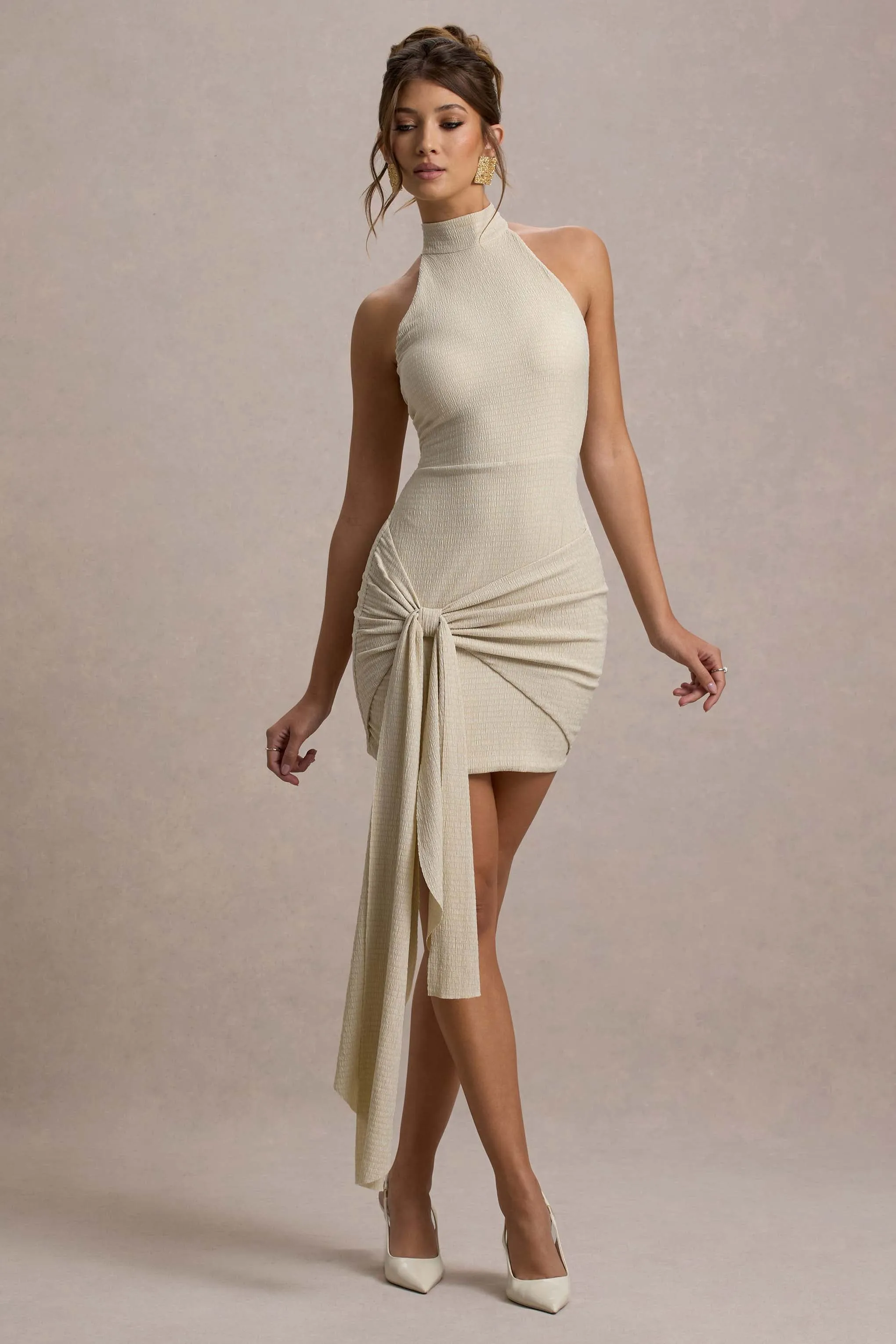 Orinthia | Champagne High-Neck Mini Dress With Wrap Detail