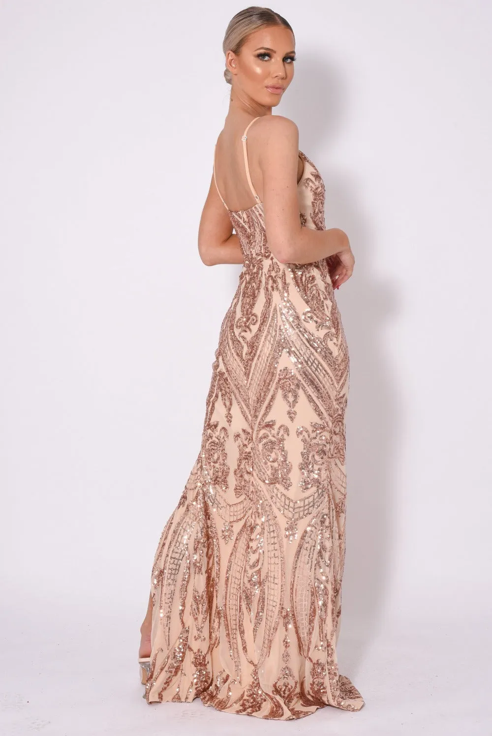 Outshine Vip Rose Gold Nude Sequin Illusion Slit Maxi Dress