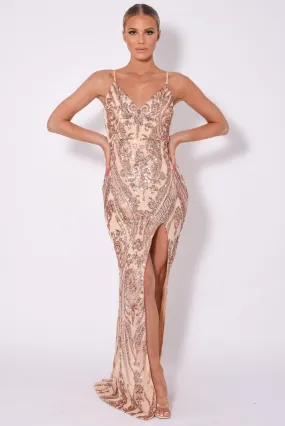 Outshine Vip Rose Gold Nude Sequin Illusion Slit Maxi Dress