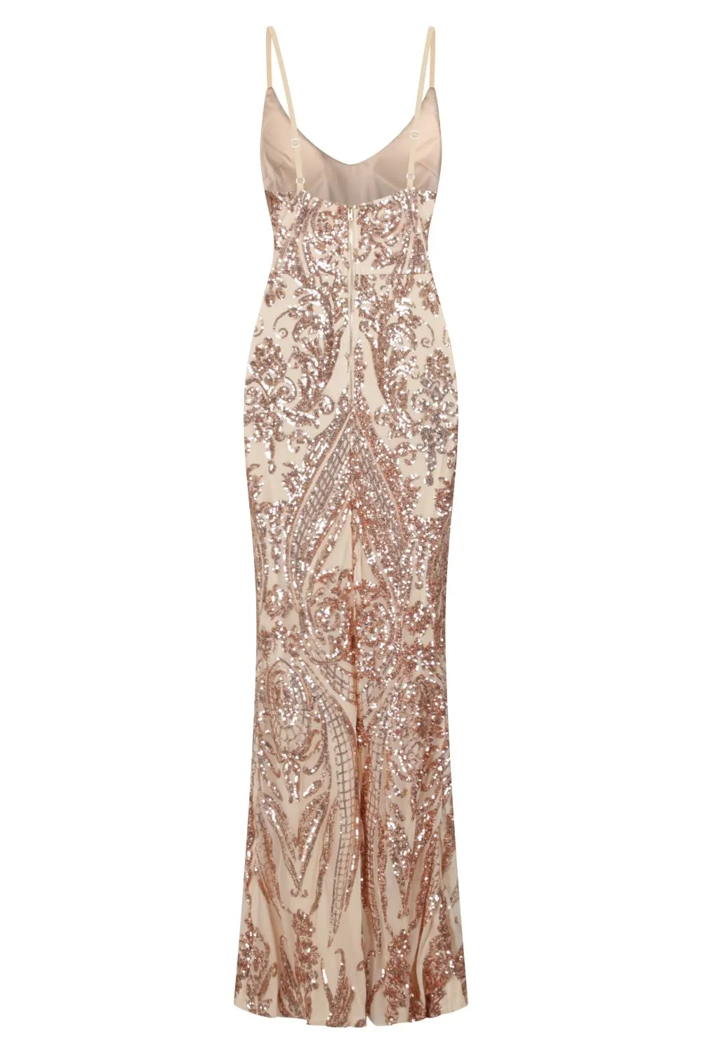 Outshine Vip Rose Gold Nude Sequin Illusion Slit Maxi Dress