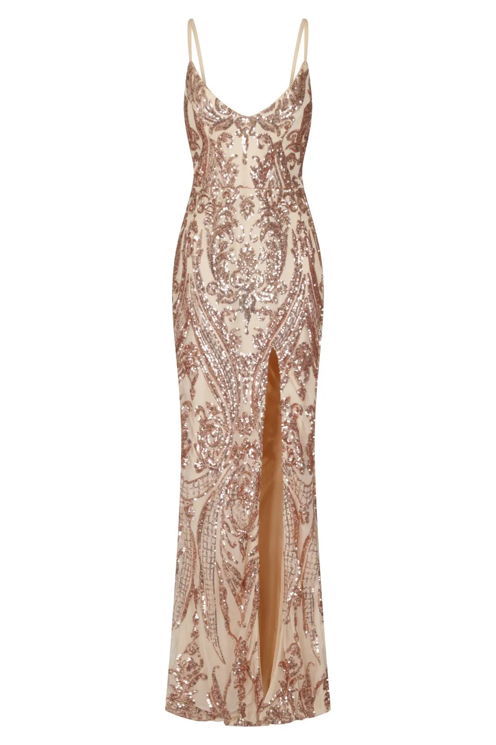 Outshine Vip Rose Gold Nude Sequin Illusion Slit Maxi Dress