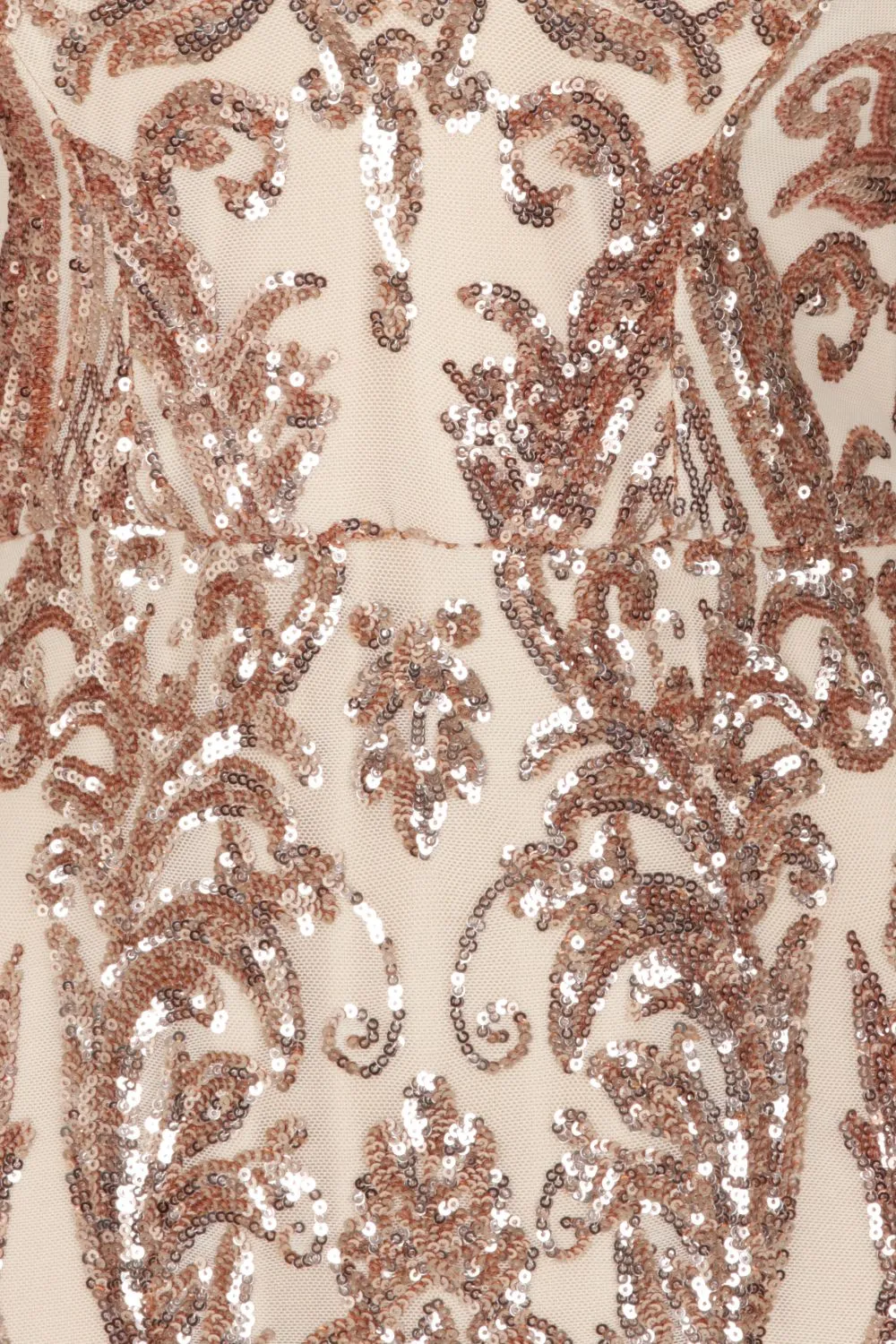 Outshine Vip Rose Gold Nude Sequin Illusion Slit Maxi Dress