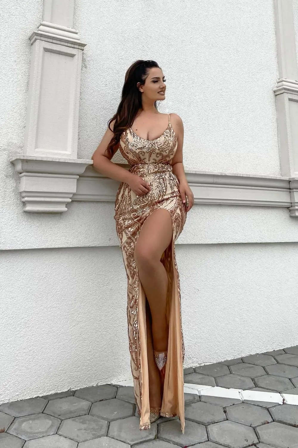 Outshine Vip Rose Gold Nude Sequin Illusion Slit Maxi Dress