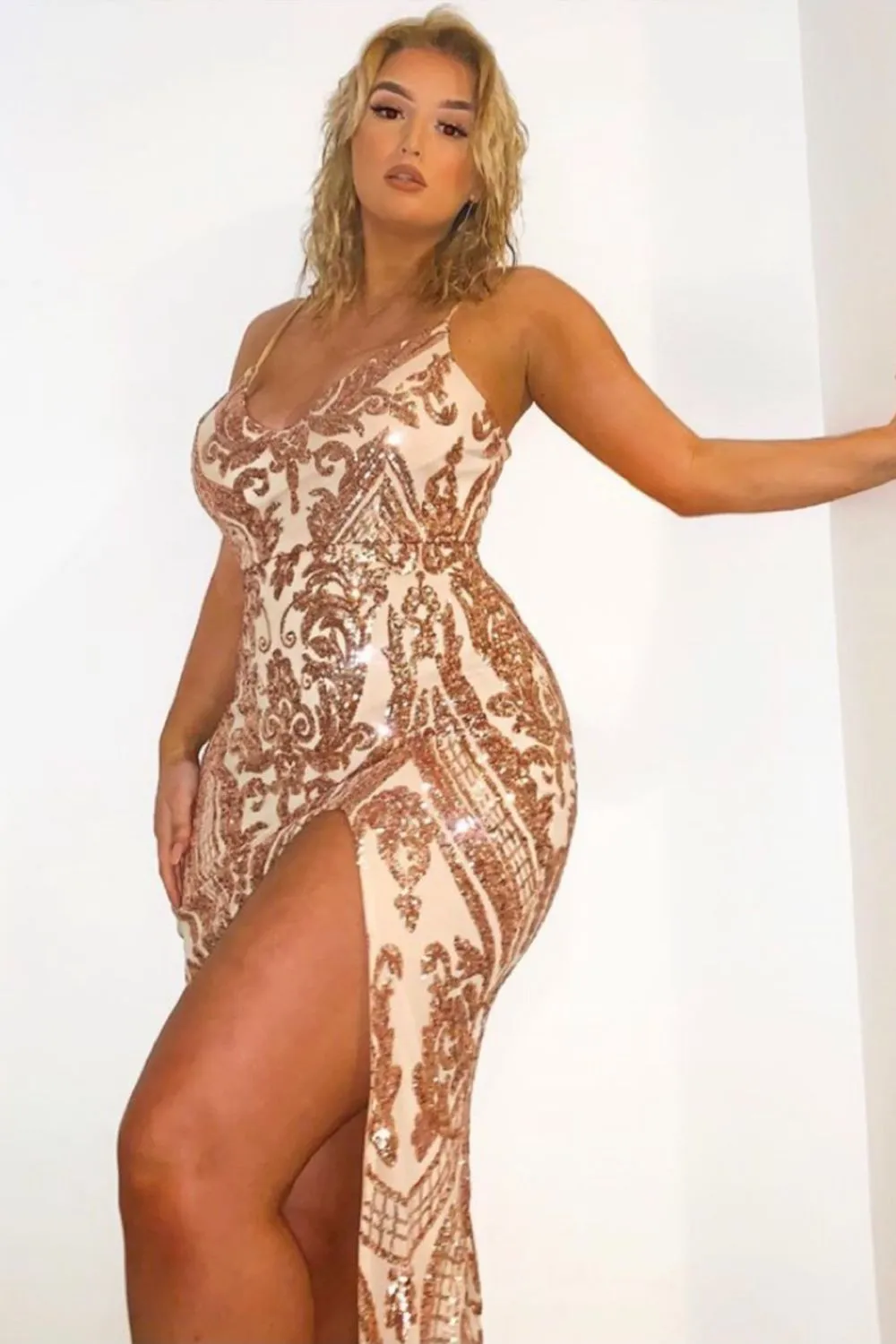 Outshine Vip Rose Gold Nude Sequin Illusion Slit Maxi Dress