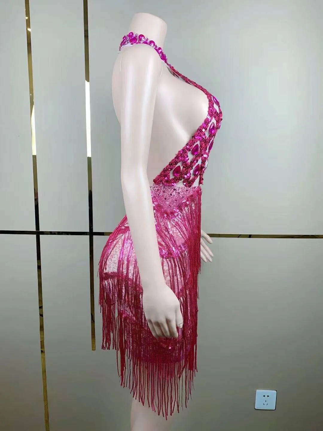 Pagett Rhinestones Sequins Tassel Backless Mini Dress