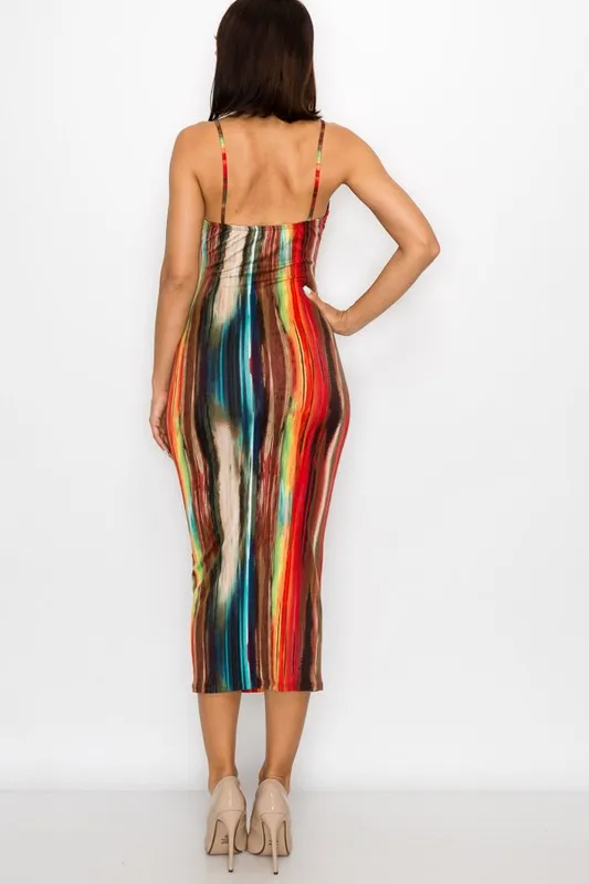 Painted Print Spaghetti Strapped Midi Dress