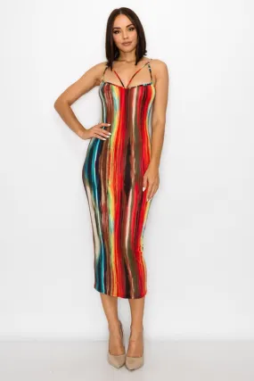 Painted Print Spaghetti Strapped Midi Dress