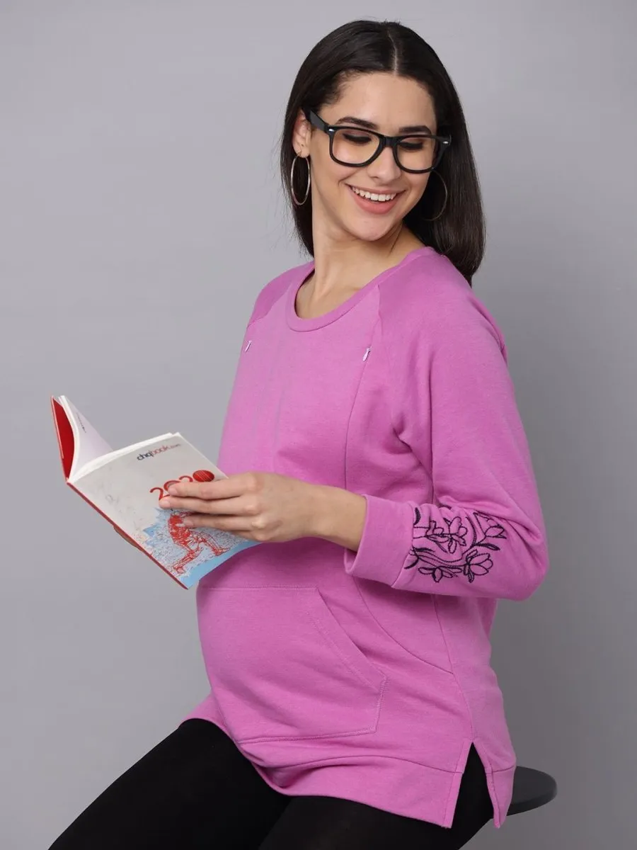 Pastel Lavender Embroidered Maternity Sweatshirt with Nursing