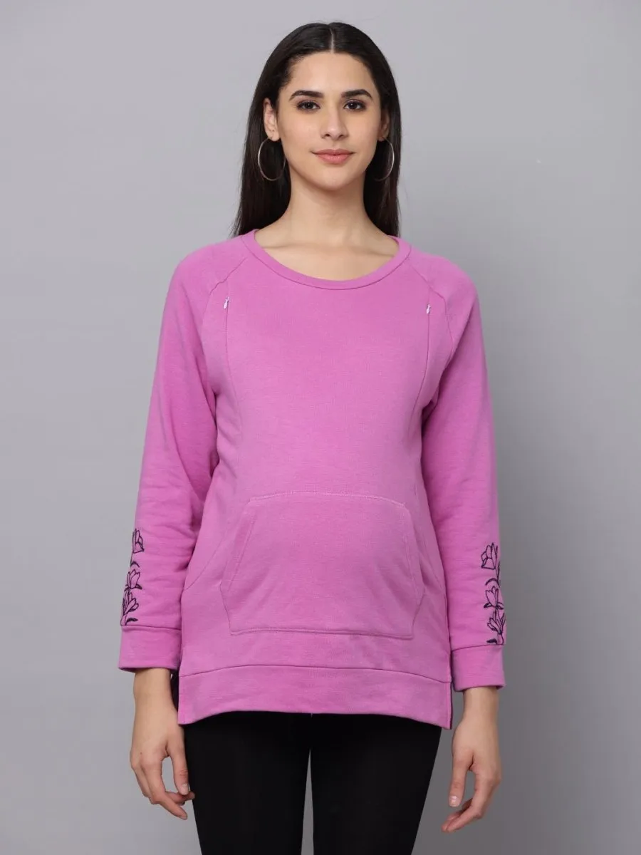 Pastel Lavender Embroidered Maternity Sweatshirt with Nursing