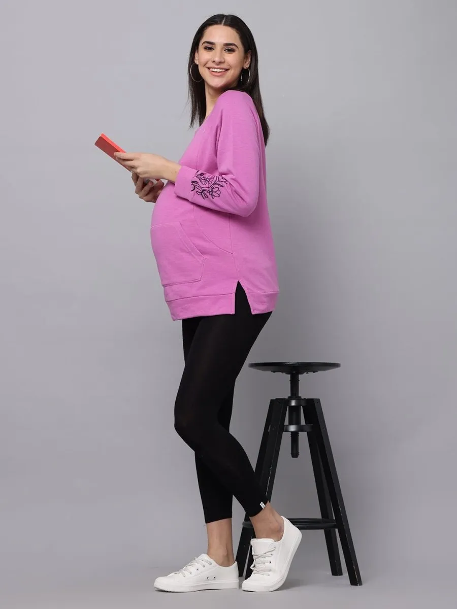 Pastel Lavender Embroidered Maternity Sweatshirt with Nursing