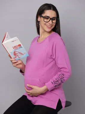 Pastel Lavender Embroidered Maternity Sweatshirt with Nursing