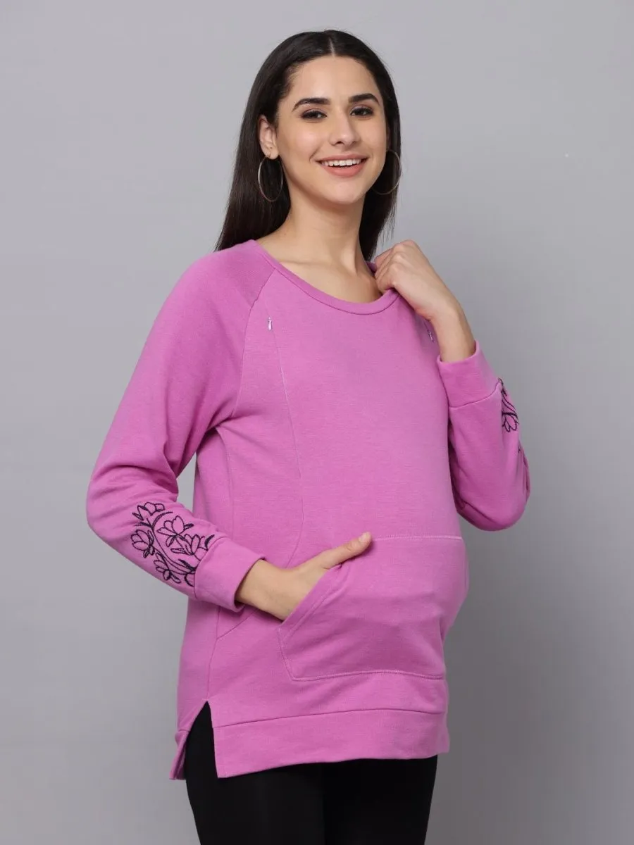 Pastel Lavender Embroidered Maternity Sweatshirt with Nursing