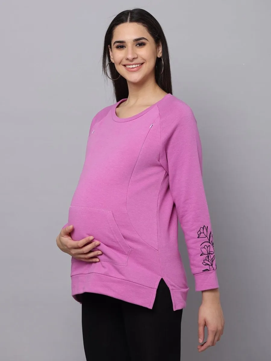 Pastel Lavender Embroidered Maternity Sweatshirt with Nursing