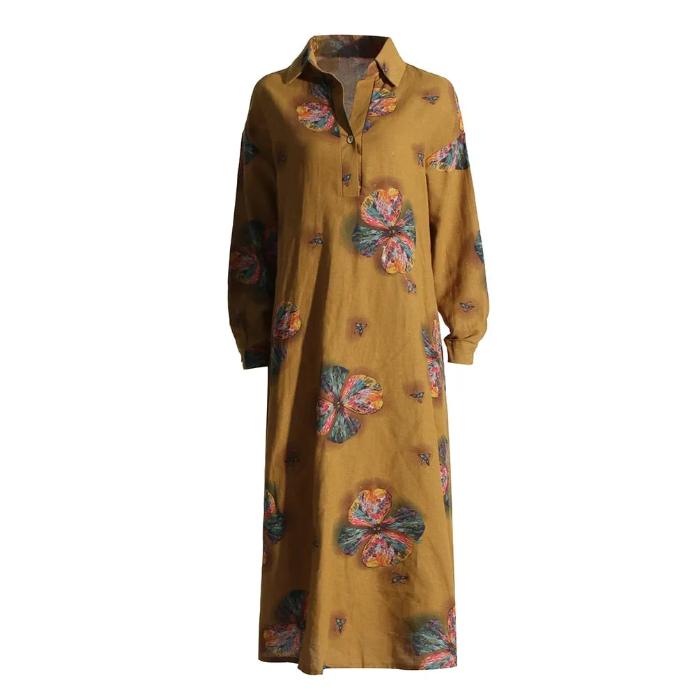 Patchwork Lapel Collar Long Sleeve Maxi Shirt Dress