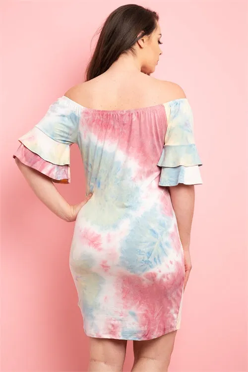 Pink and Blue Tie Dye Cold Shoulder Dress