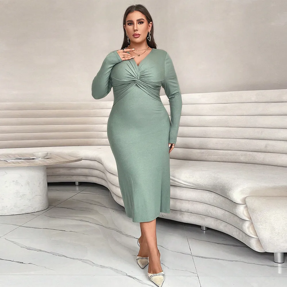 Plus Size Long Sleeve Cross Collar Slim Fit Fishtail Midi Dress