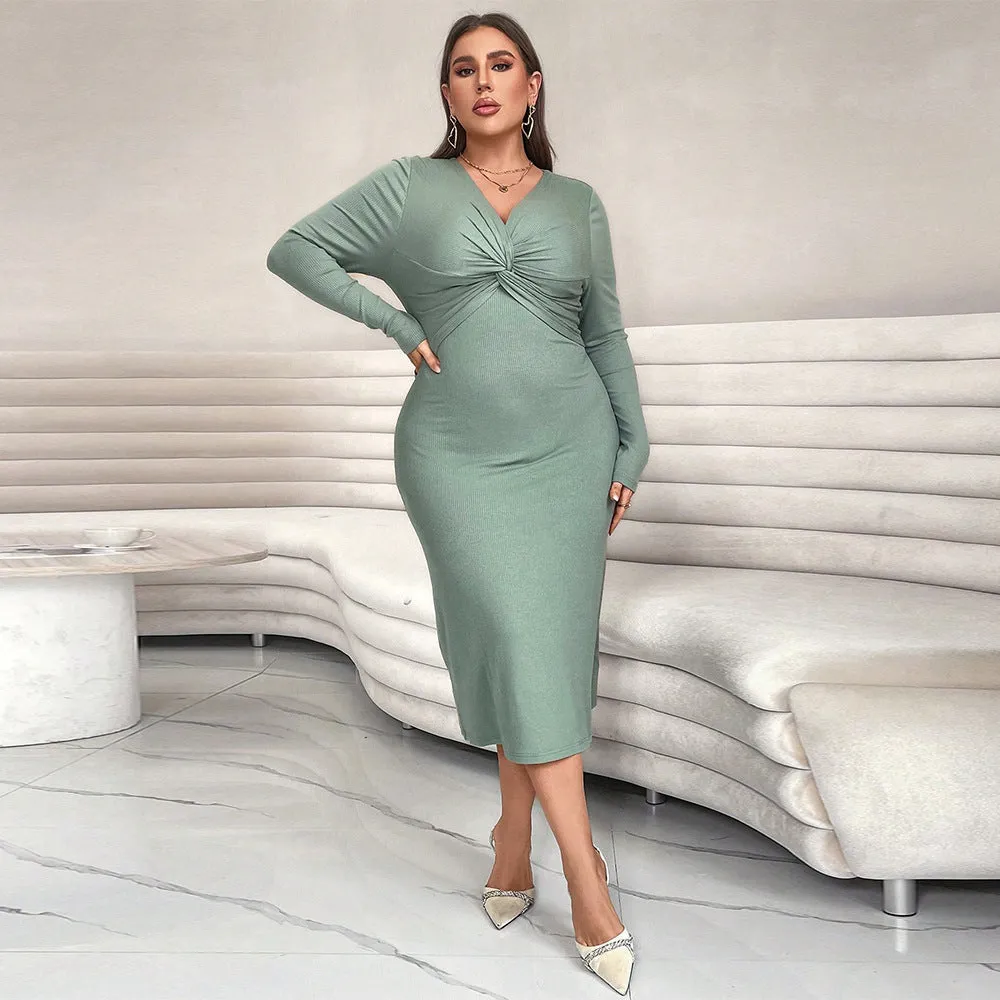 Plus Size Long Sleeve Cross Collar Slim Fit Fishtail Midi Dress