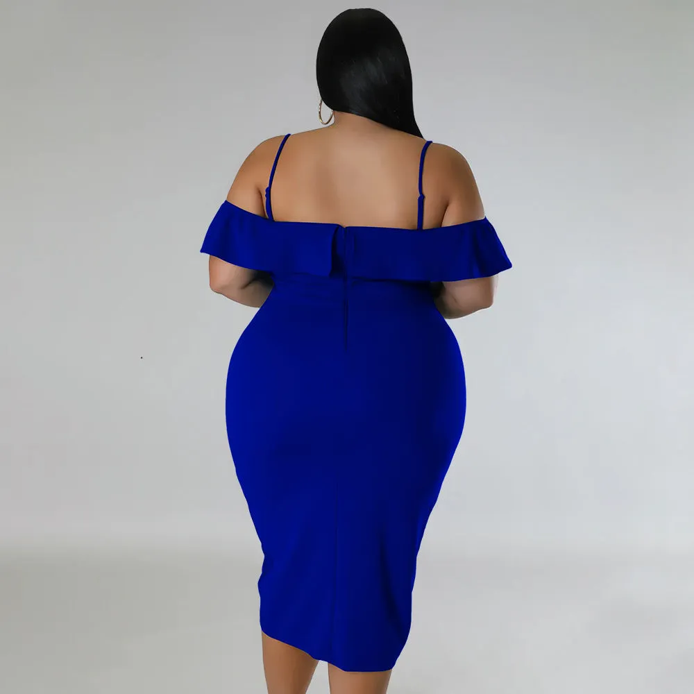 Plus Size Women Sweet Solid Color Dress off Neck Midi Dress